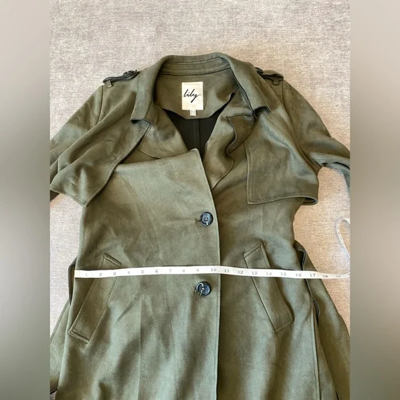 OLIVE GREEN SOFT FAUX SUEDE TRENCH COAT SIZE SMALL - Picture 9 of 13